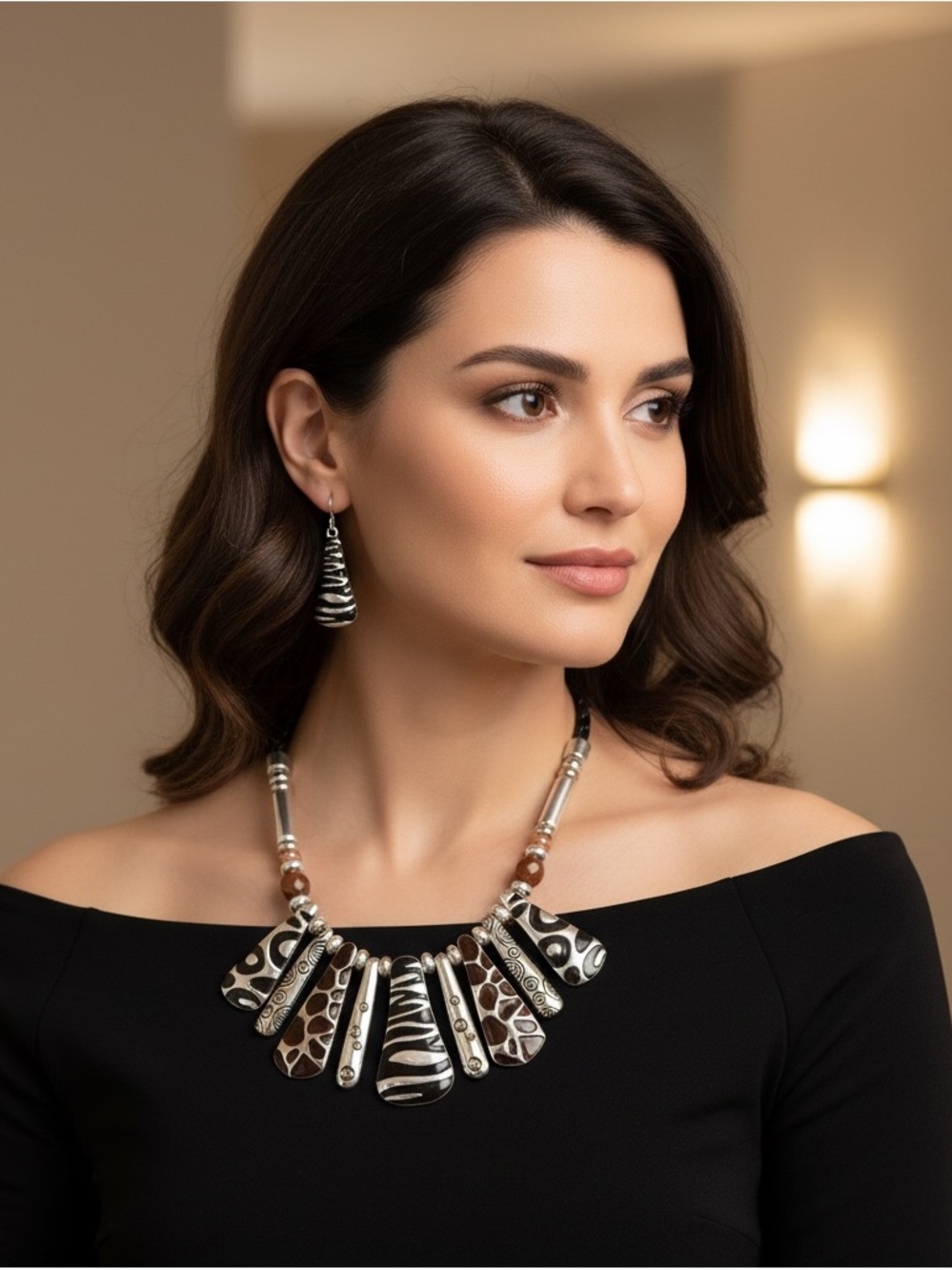 VINTAGE Statement Black and Brown Animal-Print Necklace and Earring Set
